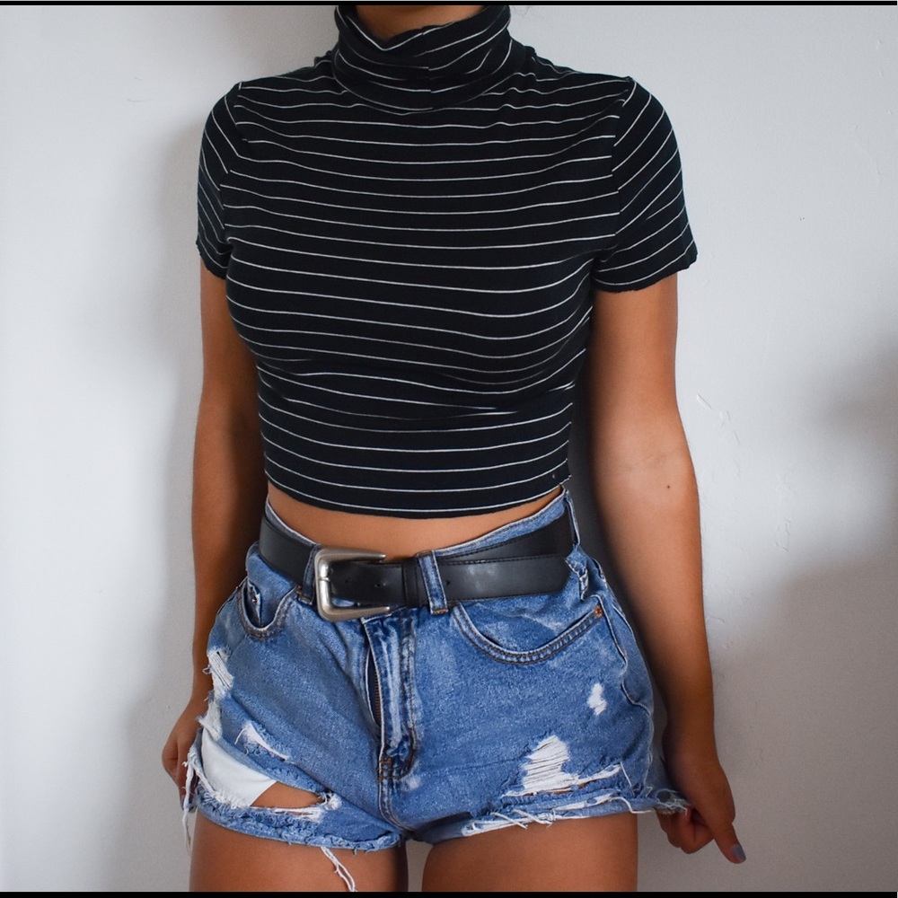 Raw Hem Black Striped Short Sleeve Cropped Turtleneck